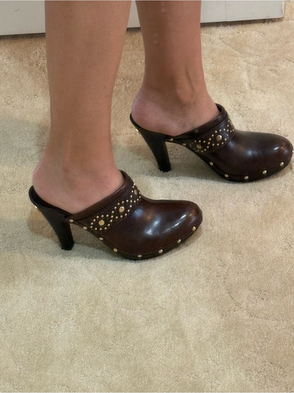 Michael by Michael Kors Women's Brown Studded Leather Clog Heels
